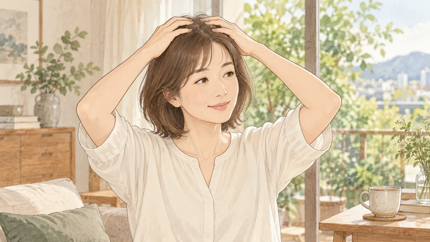 頭のてっぺんに指を当てて頭皮の動きを確かめるイメージ