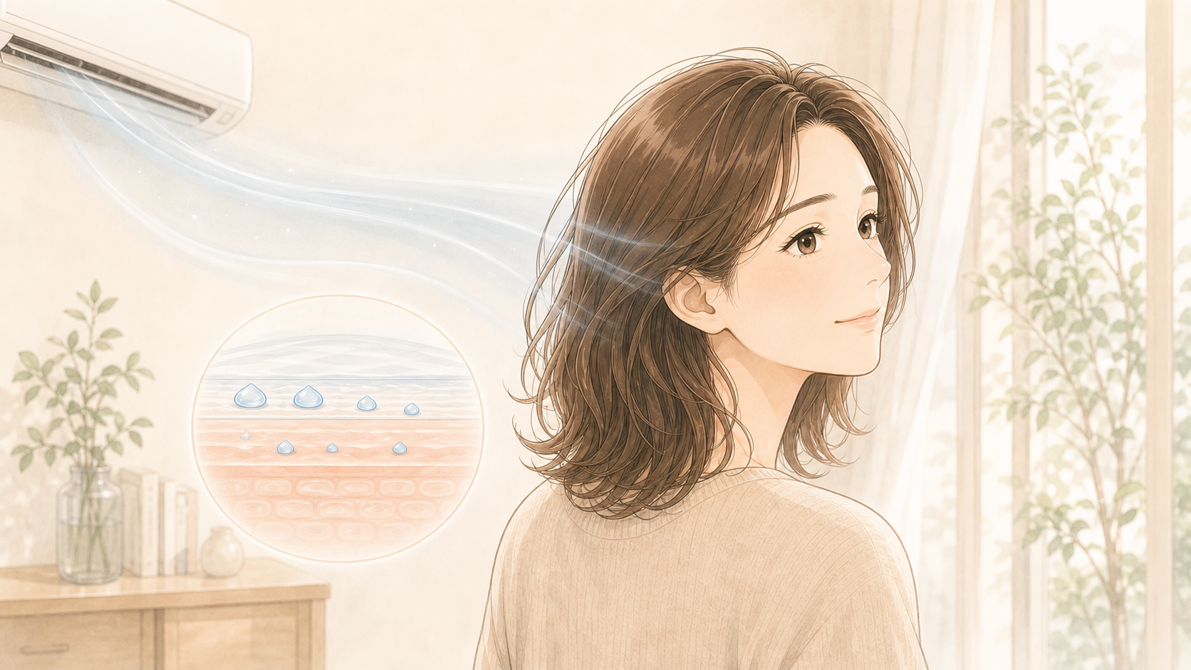 冷房の効いた室内で頭皮と肌が乾いていくイメージ