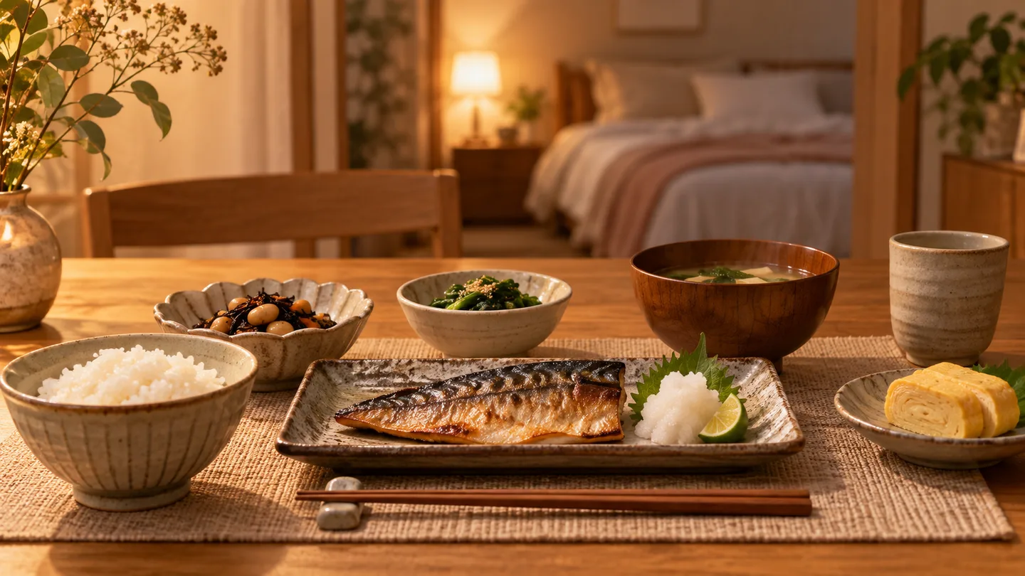 連休の食卓と眠りを整えて、明けた週に疲れを持ち越さないイメージ