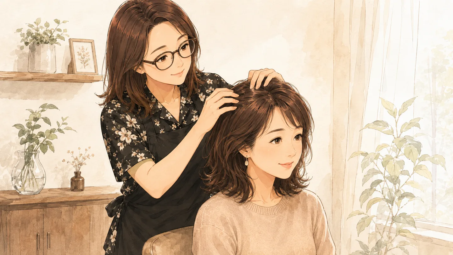 美容師と髪の根元の状態を確認している様子