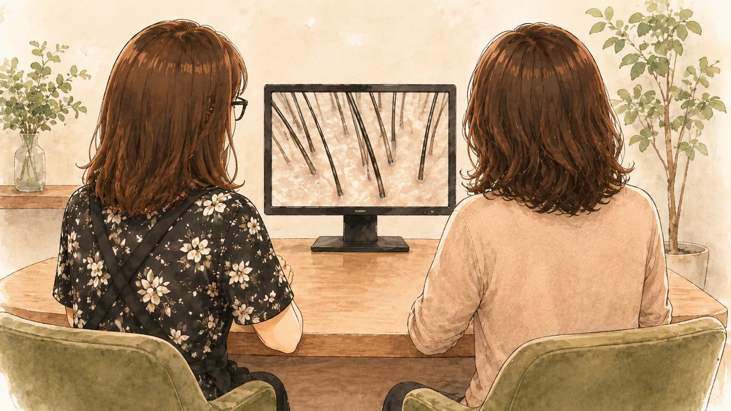 プライベートサロンでマイクロスコープを一緒に見ている様子