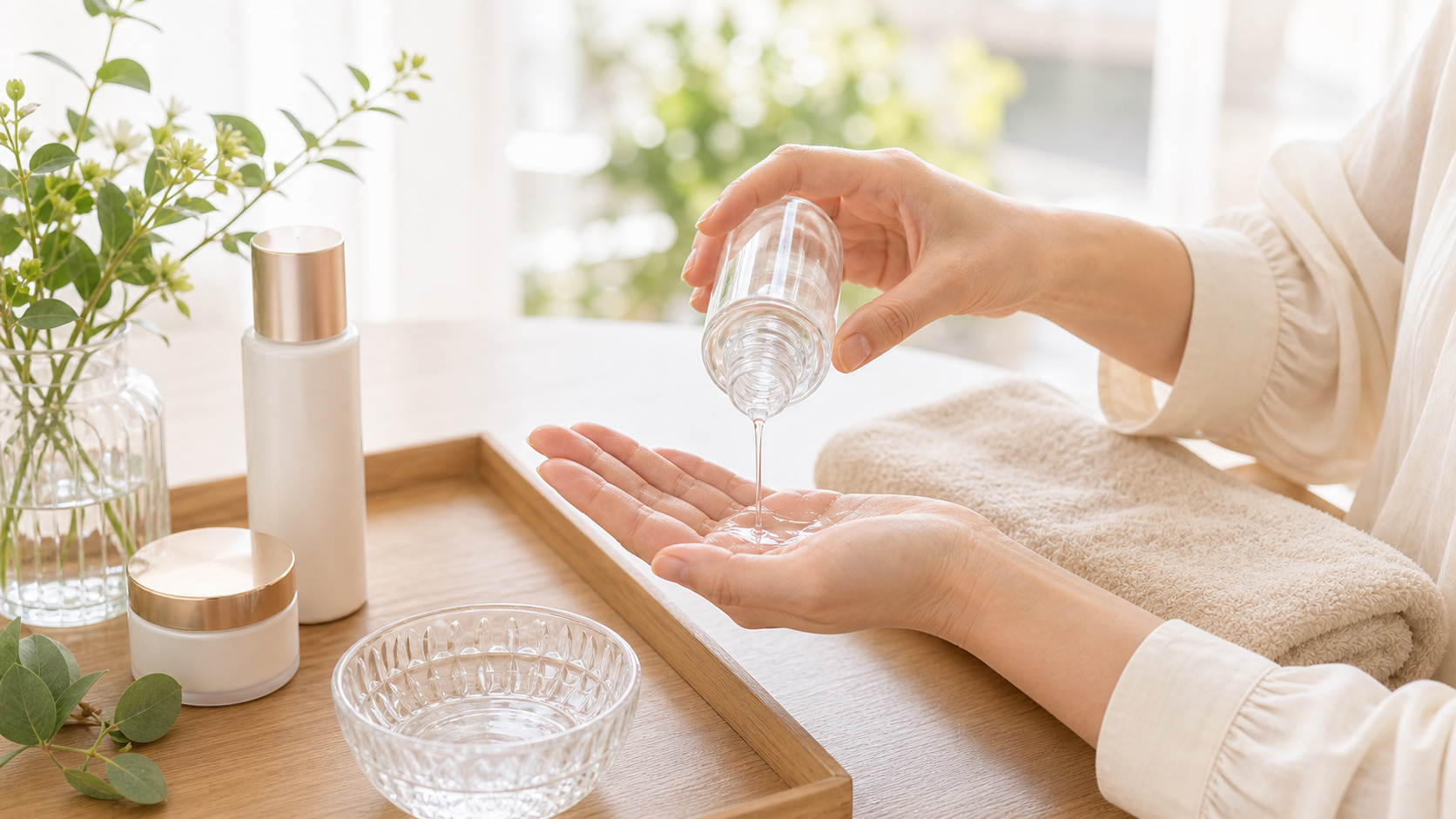 化粧水を手のひらで包みこむようになじませるイメージ