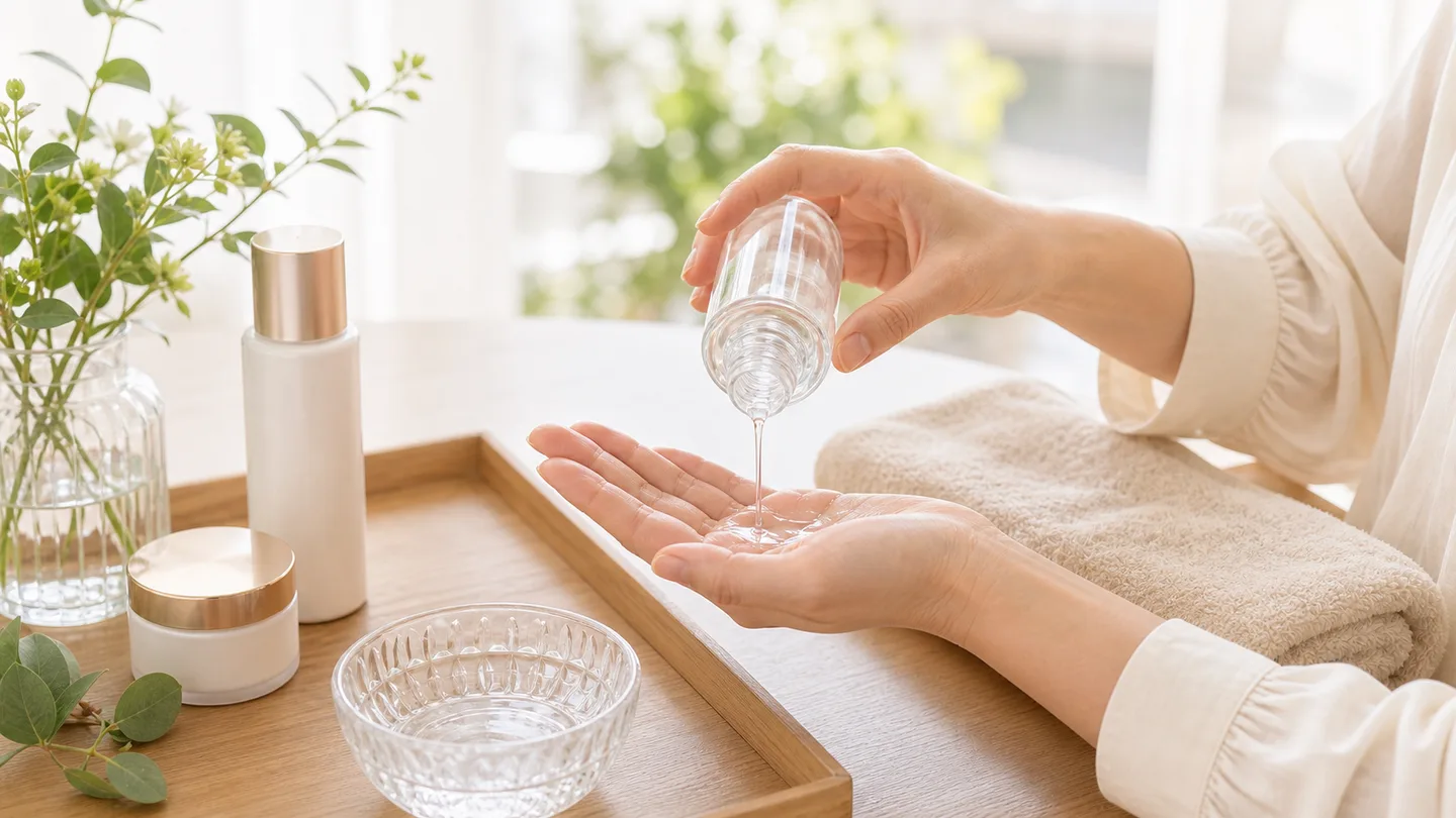 化粧水を手のひらで包みこむようになじませるイメージ