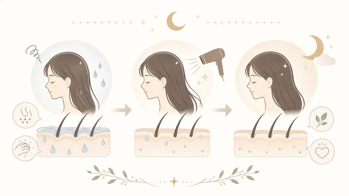 頭皮が乾ききらないまま眠るイメージ