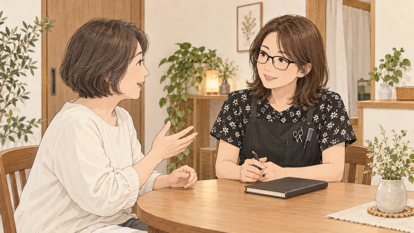 メイクや服装などのよくある疑問に答える場面のイラスト