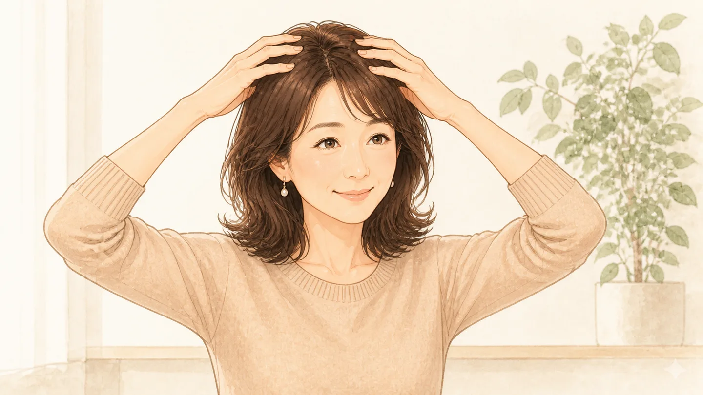 鏡の前で頭皮のセルフチェックをするイメージ
