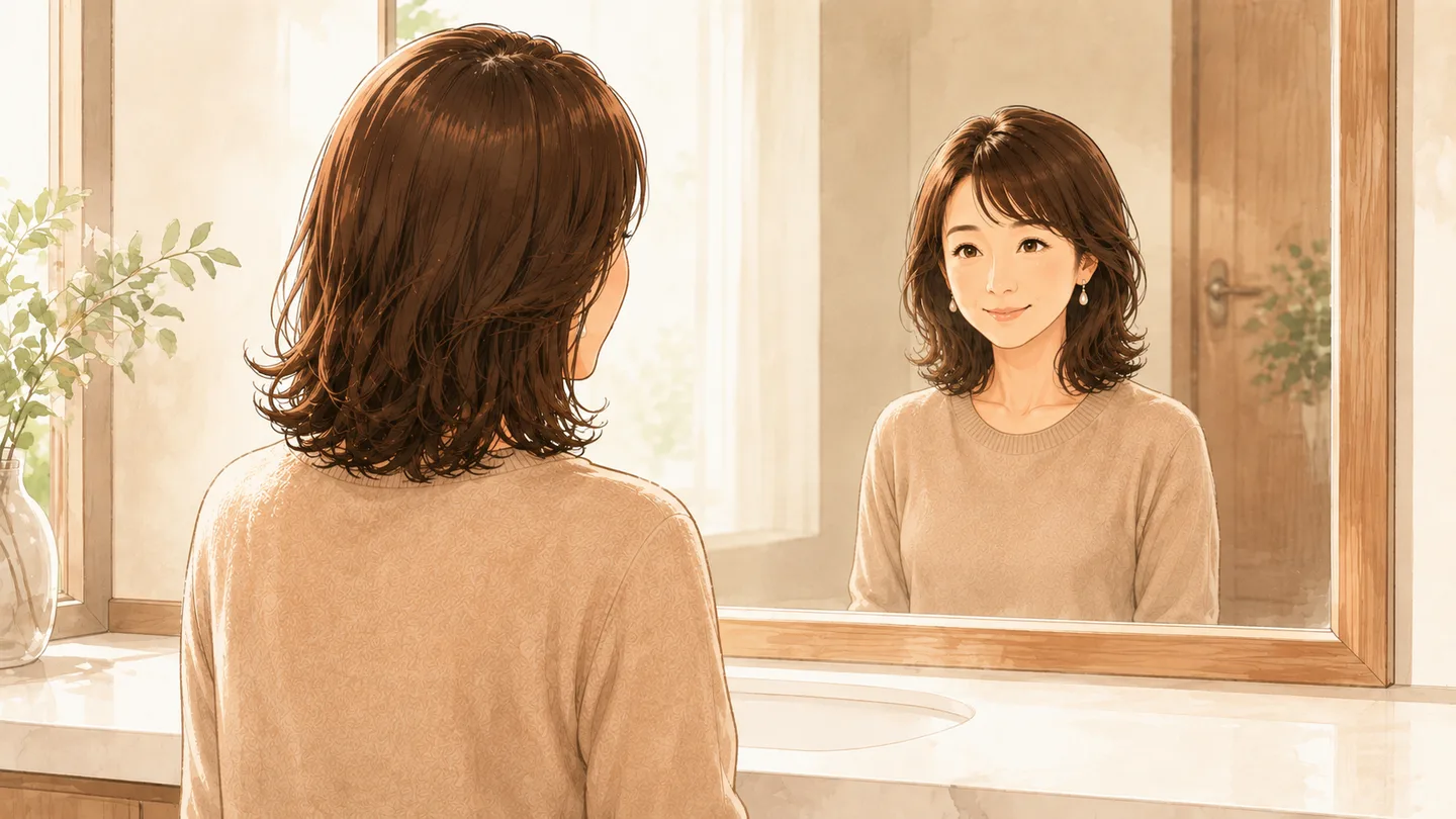 鏡の前で分け目の変化にふと気づく朝の一コマ