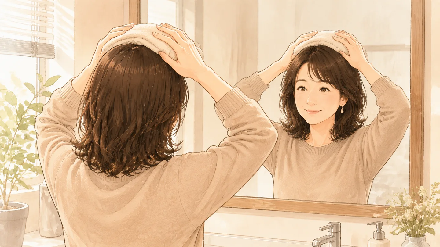 蒸しタオルで分け目まわりをやさしく温めているところ