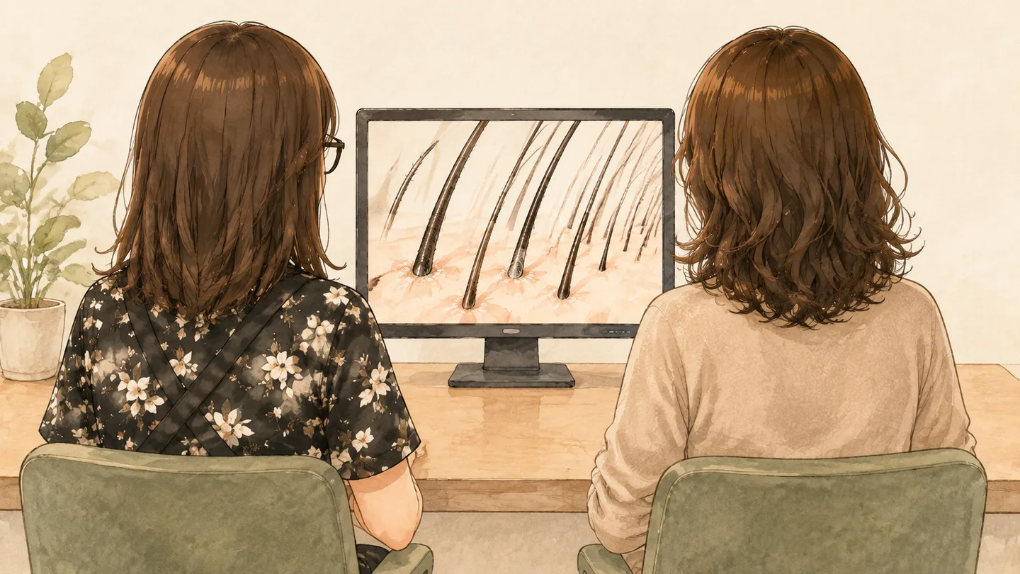 プライベートサロンでマイクロスコープを一緒に見ている様子