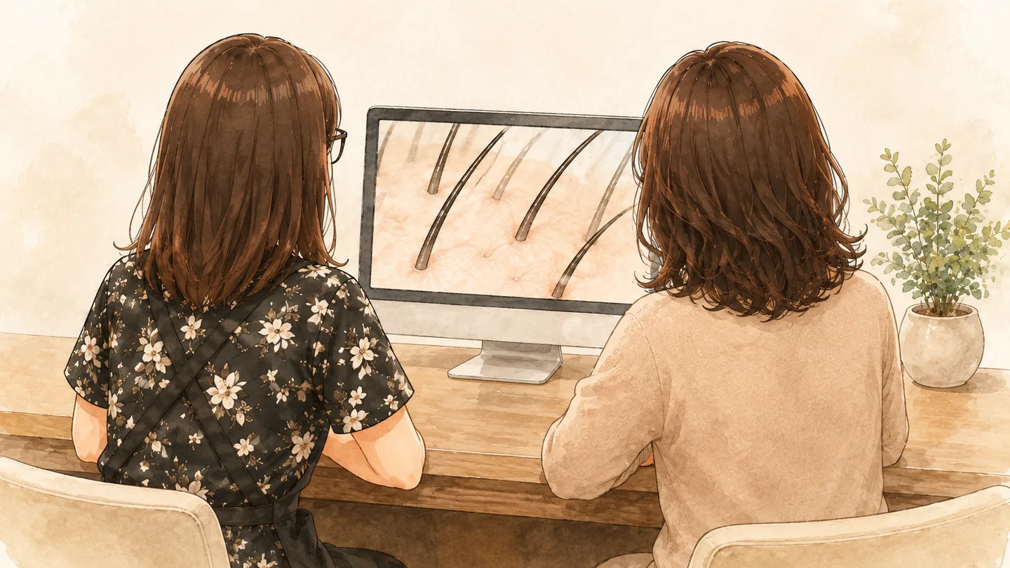 プライベートサロンでマイクロスコープを一緒に見ている様子