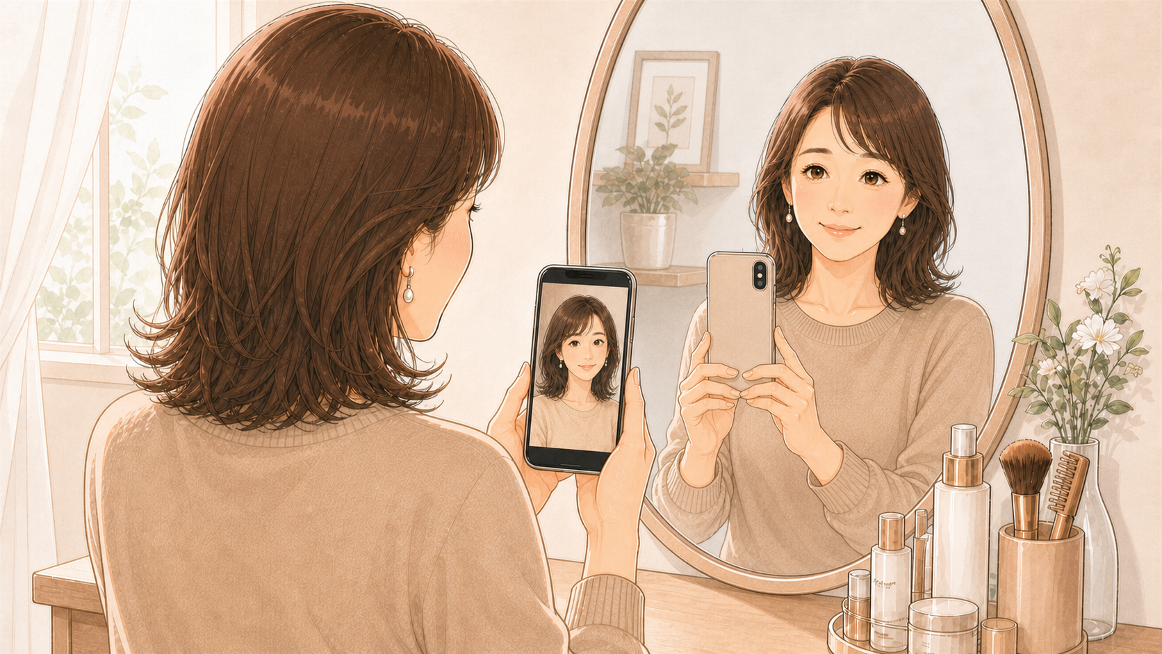 鏡と写真で見え方が違うことをあらわしたイメージ