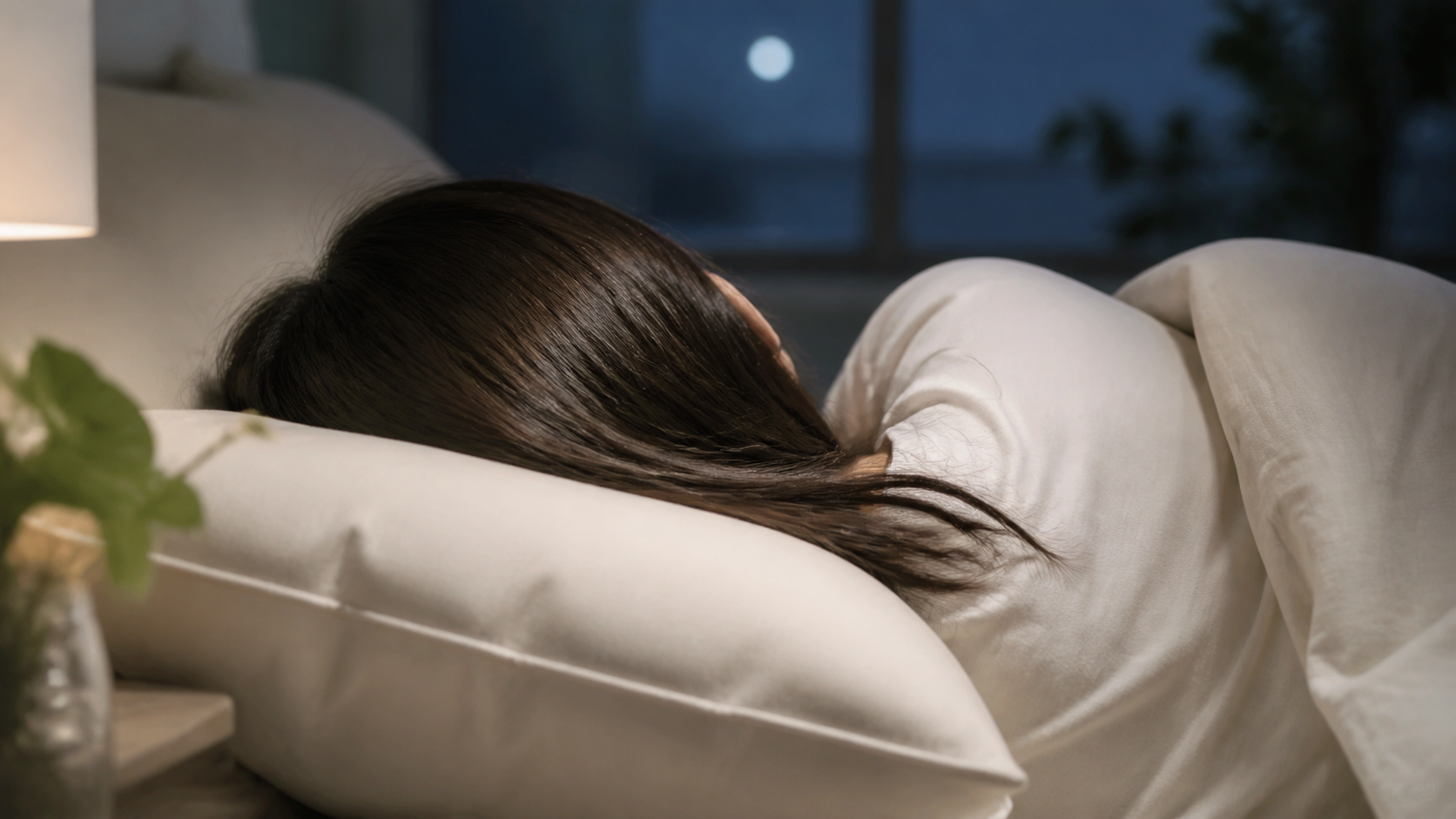 夜の寝返りで髪が枕とこすれるイメージ
