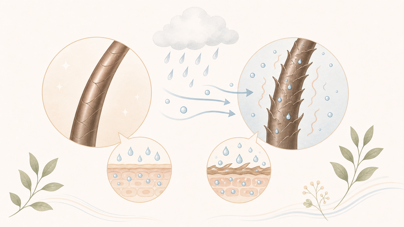 雨の湿気で髪が広がり、うねるイメージ