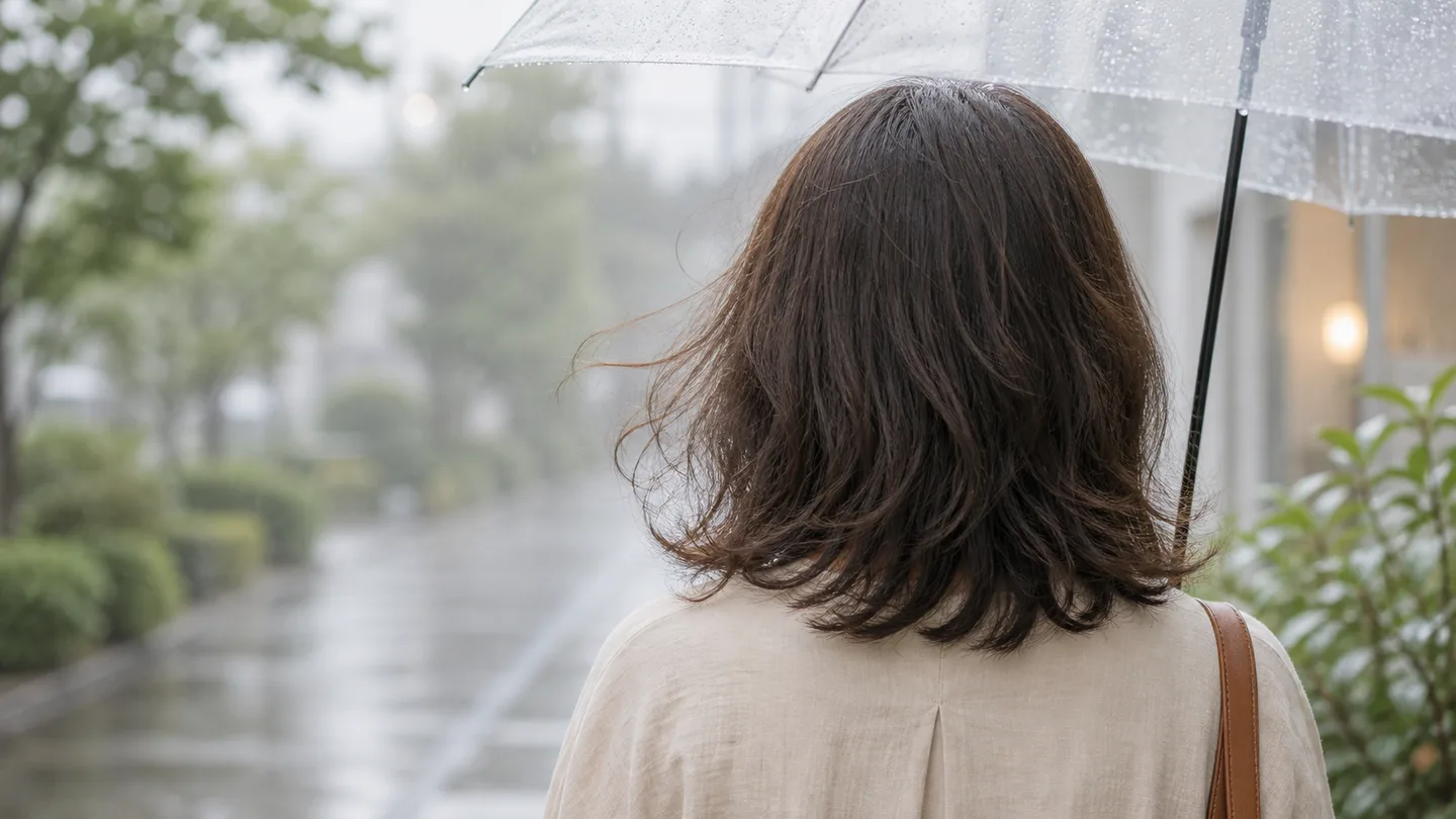 梅雨の湿気で髪が広がり、うねるイメージ