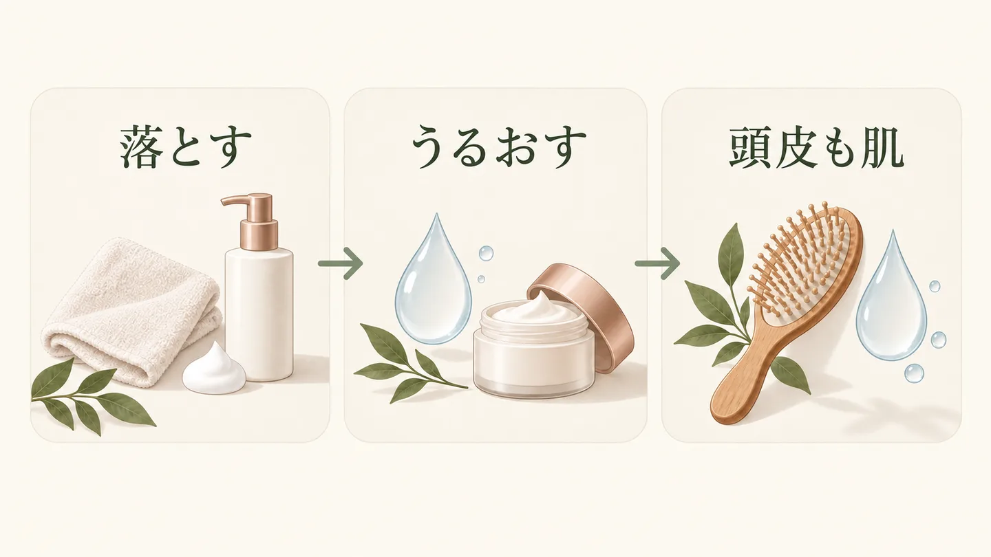 落とす・うるおす・頭皮の3つを見直す順番を並べた図