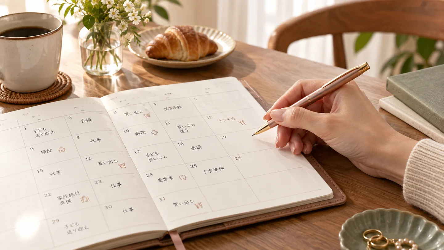 家族の予定で埋まった手帳を前に、自分の予定だけ入れられずにいるイメージ