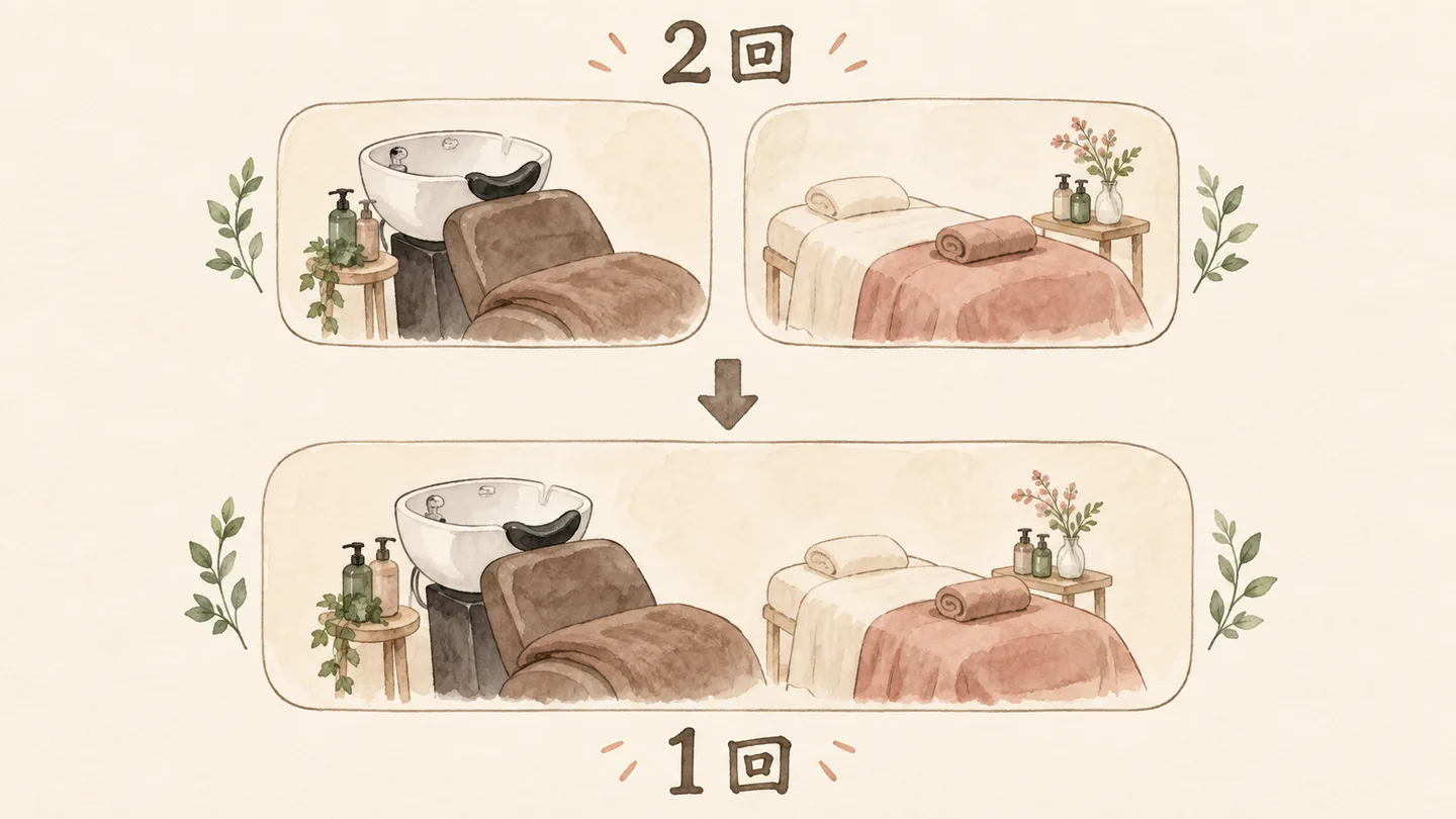 2回に分けて出かけるより、1回で髪と肌を整えるほうが時間が短くすむことを表した図