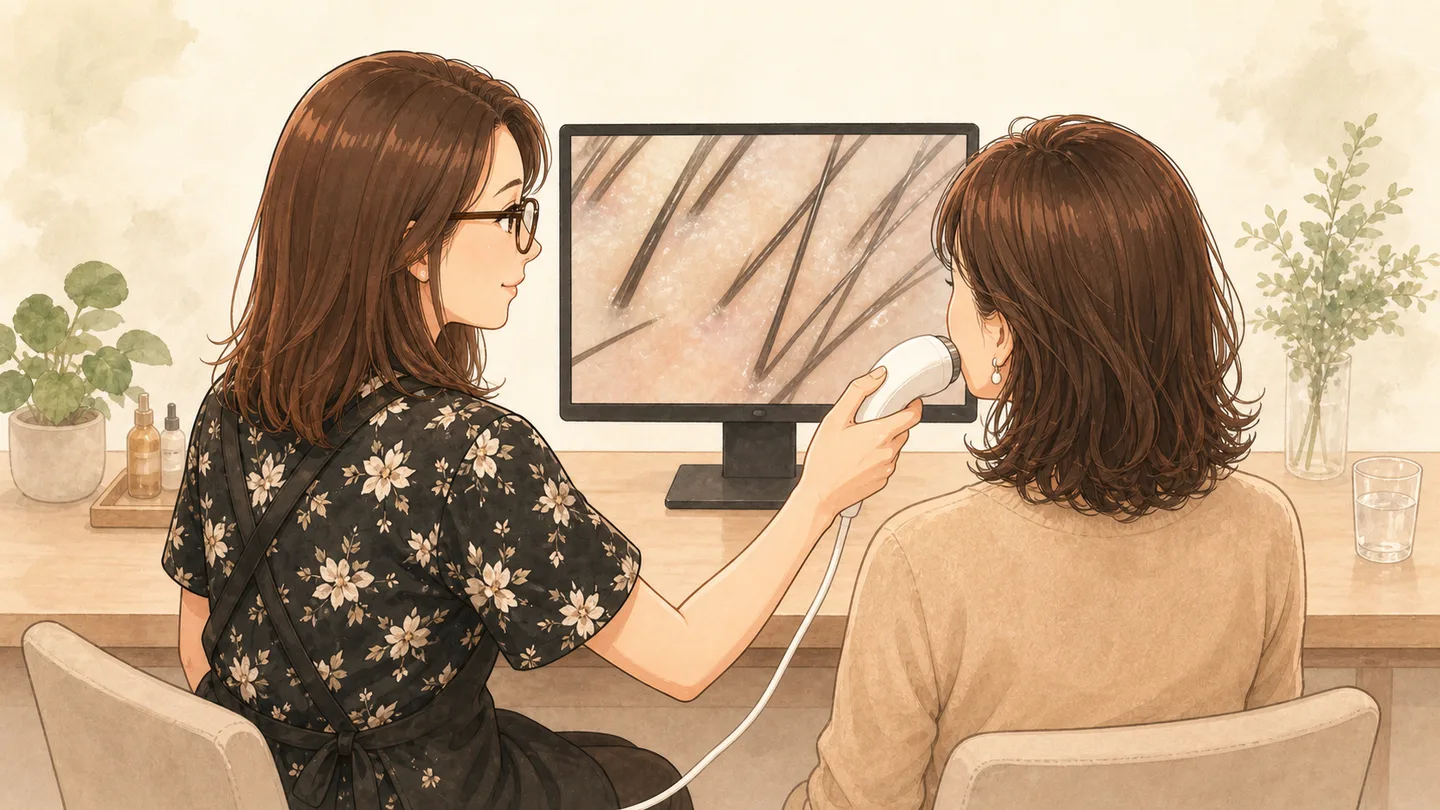 頭皮カメラの画面を一緒に確認するイメージ