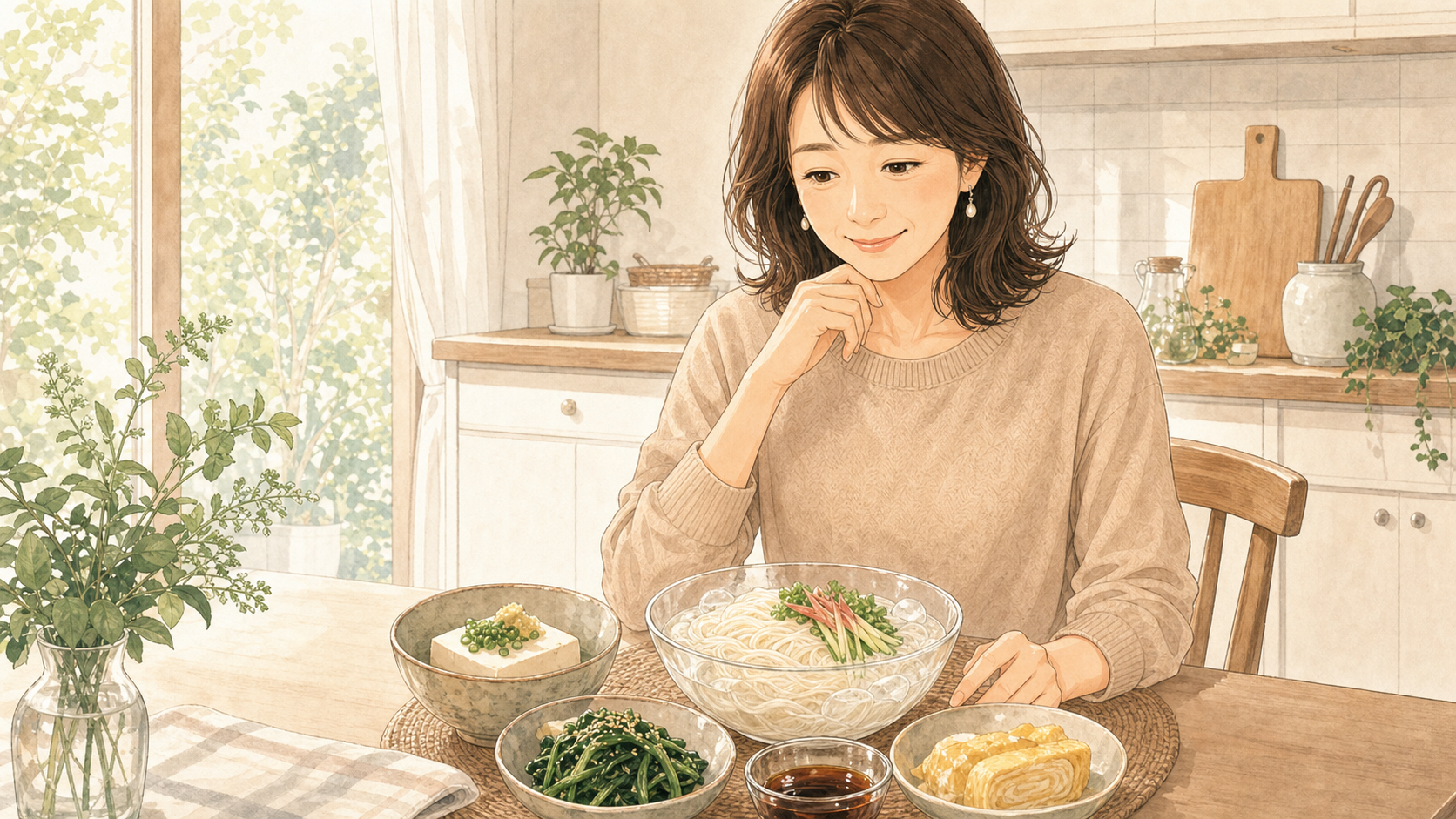 そうめん中心の夏の昼食に、たんぱく質を一品足すイメージ
