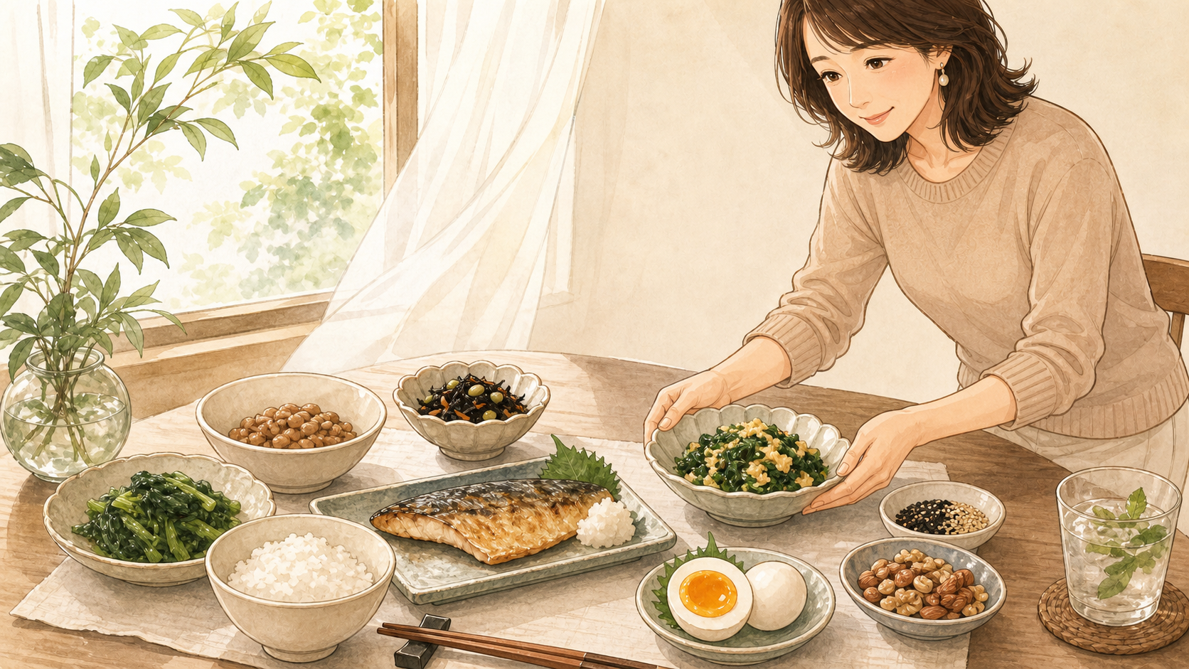 鉄や亜鉛を含む赤身の魚・小松菜・卵などの食材のイメージ