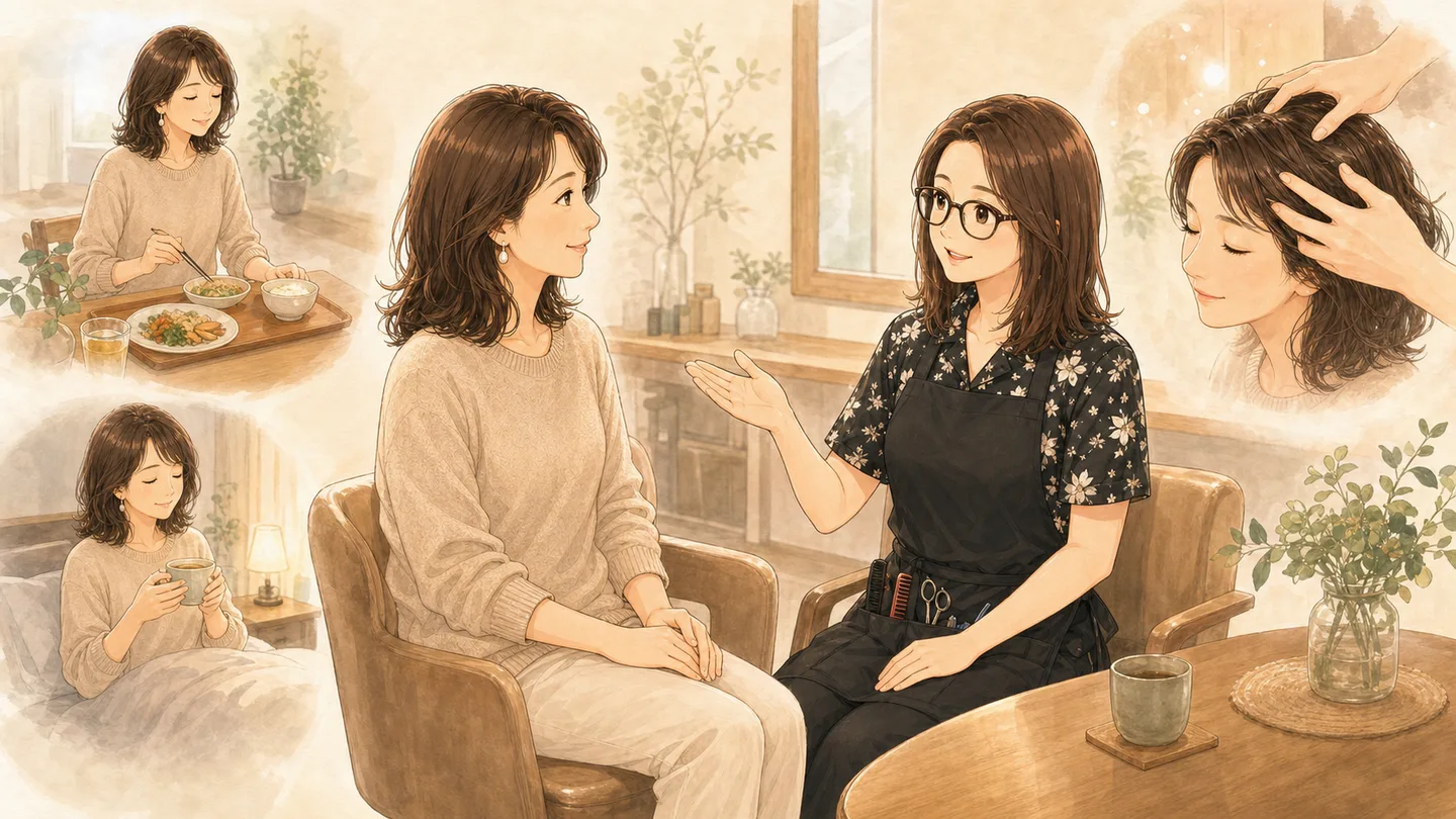 食事・睡眠の内側のケアと頭皮ケアを組み合わせるイメージ