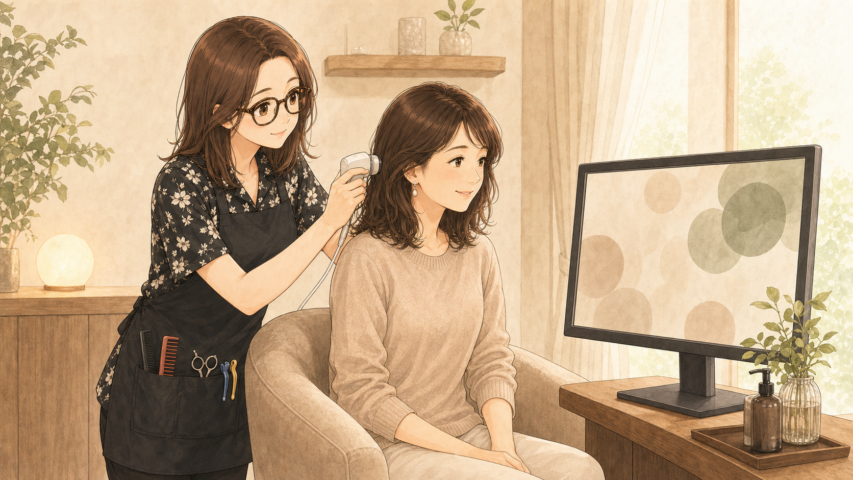 頭皮をモニターで一緒に見ているイメージ